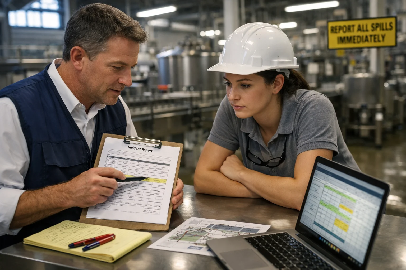 A safety manager and operations supervisor review an incident report together at a manufacturing facility workstation, using Root Cause Analysis to identify the cause of a workers compensation claim.