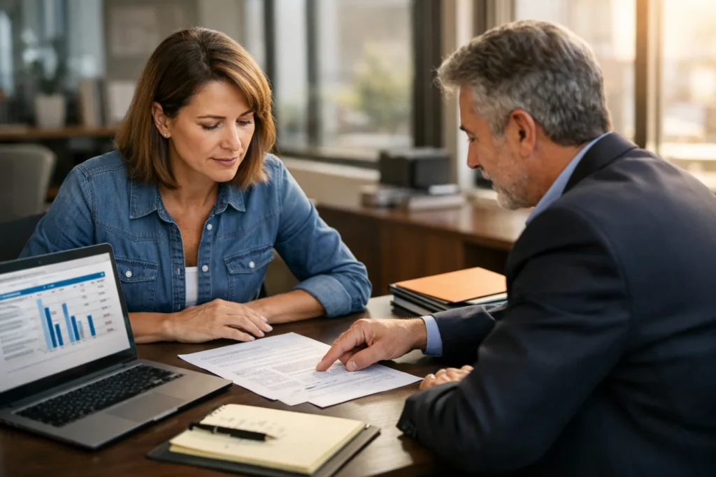 A small business owner reviews affordable commercial insurance policy options with an independent broker at a desk, comparing coverage terms and premiums.