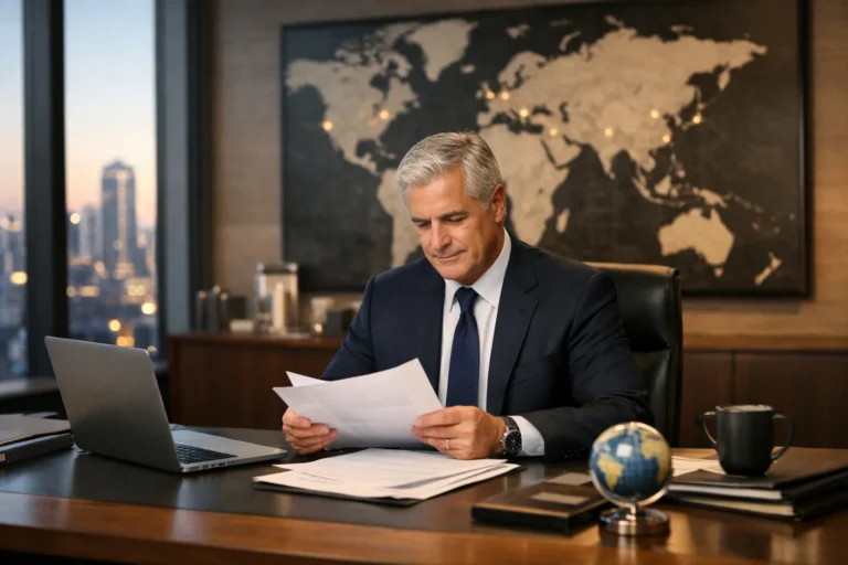 A US business executive reviews an international insurance policy document at a desk with a world map in the background, highlighting global coverage gaps.