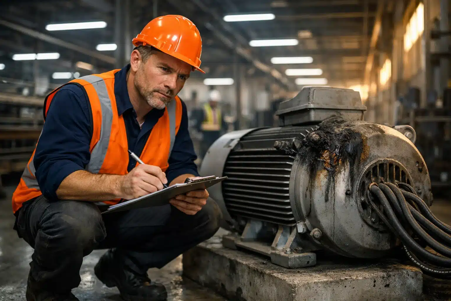 A facility manager in a hard hat reviews a damaged industrial motor at a manufacturing plant, illustrating the need for Equipment Breakdown Insurance to cover sudden mechanical failures.