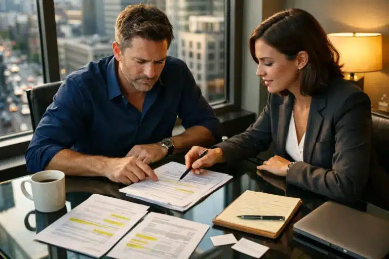 A small business owner reviews commercial insurance policy options with an independent broker at a desk, illustrating the process of shopping for business insurance.