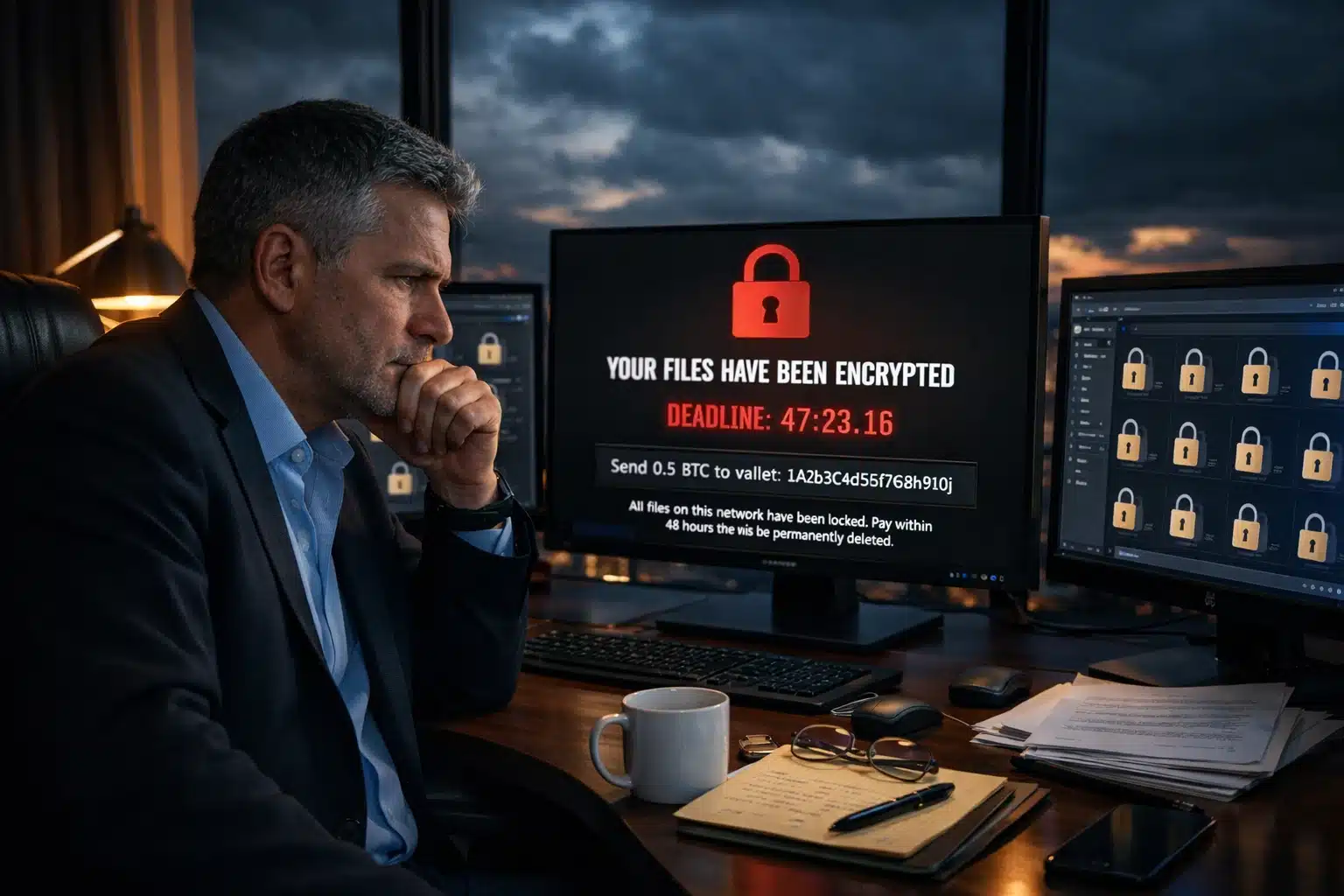 A business owner facing a ransomware attack on their computer, illustrating why ransomware protection for businesses is critical.