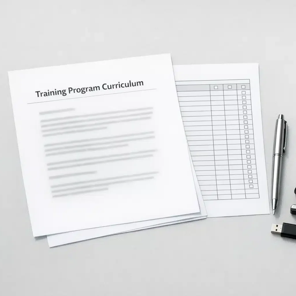 A flat-lay of a cybersecurity training program curriculum document, training attendance log, and a pen on a white desk, representing a documented small business security training process.