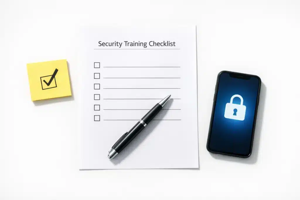 A printed checklist of cybersecurity awareness training topics including phishing recognition, password hygiene, and safe browsing displayed on a clean desk.