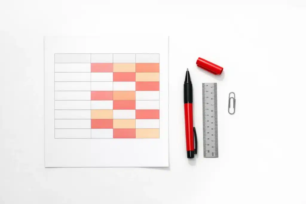A printed cyber risk assessment scoring matrix showing eight security categories including access control, employee training, and backup recovery on a clean office desk.