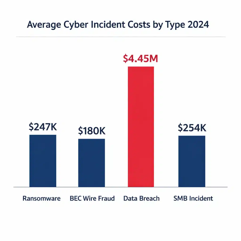 Cyber threat insurance cost breakdown showing ransomware, breach notification and business interruption losses for small businesses