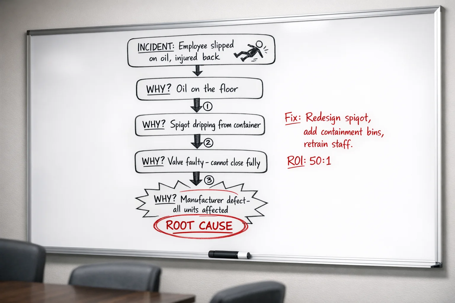 A whiteboard diagram showing the 5 Whys Root Cause Analysis process used to trace a workplace slip and fall incident back to a faulty manufacturing component.