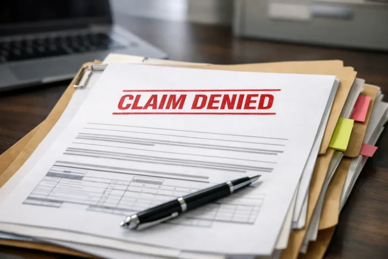 A claims adjuster reviews a denied commercial fire insurance claim file at a desk, illustrating the consequences of a Protective Safeguard Endorsement violation.