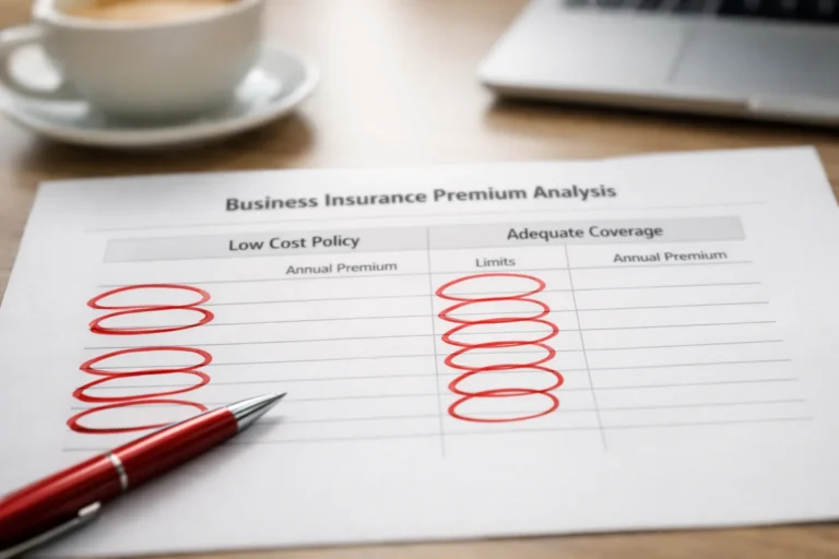 An insurance broker points to underinsurance statistics on a printed report, showing coverage gaps and premium drivers for a small business owner.