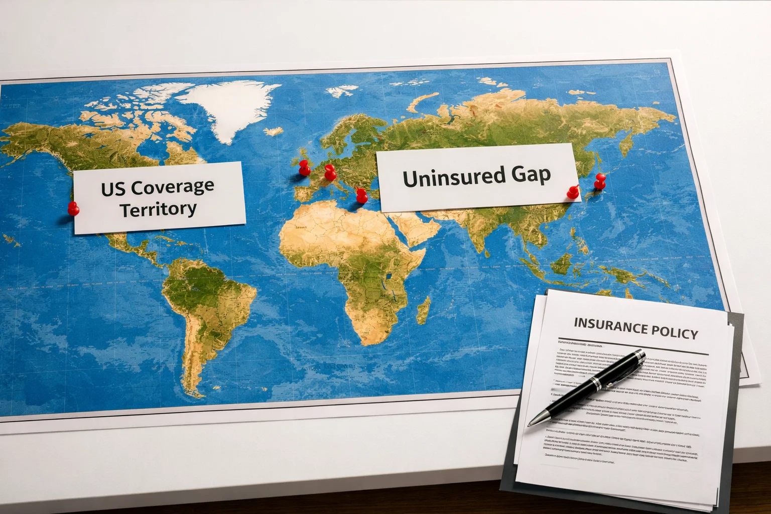 A world map with insurance coverage zones marked, showing the gap between US domestic policy territory and international operations requiring separate international coverage.