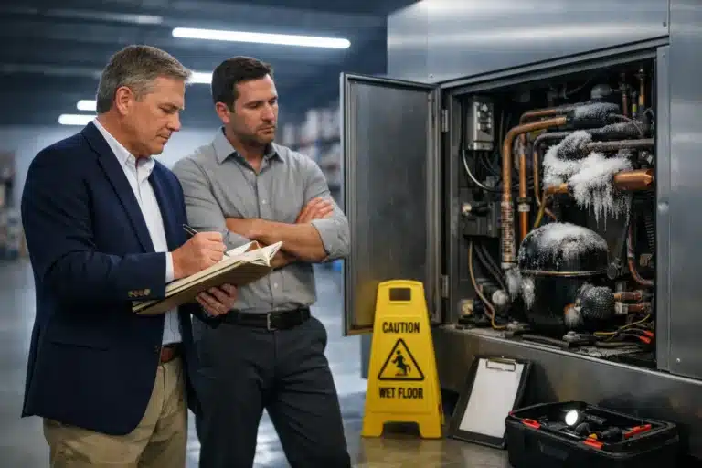 An insurance adjuster and business owner examine a failed commercial refrigeration unit in a food distribution warehouse, showing the real-world impact of an Equipment Breakdown Insurance claim.