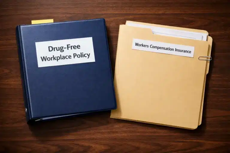 Close-up of a drug-free workplace policy binder next to a workers compensation insurance folder, representing how drug use affects business insurance costs.