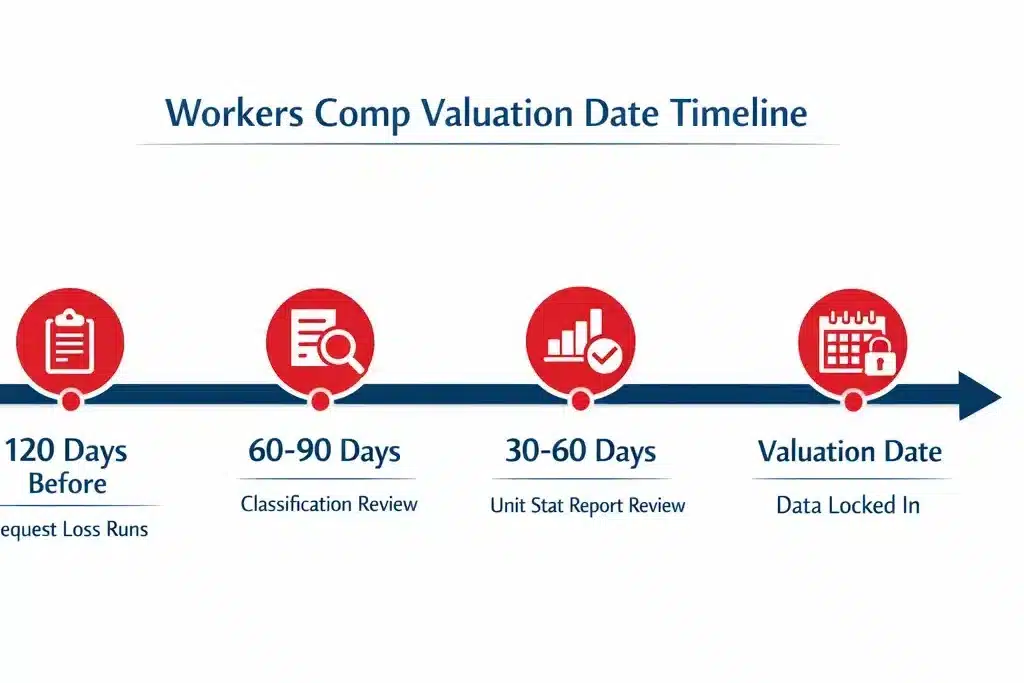 Infographic timeline showing the workers comp valuation date process from payroll data submission to experience mod calculation to premium renewal