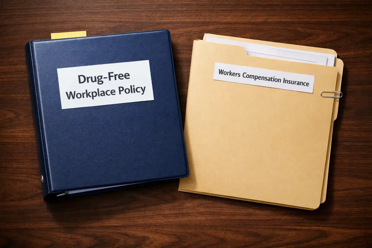 Close-up of a drug-free workplace policy binder next to a workers compensation insurance folder, representing how drug use affects business insurance costs.