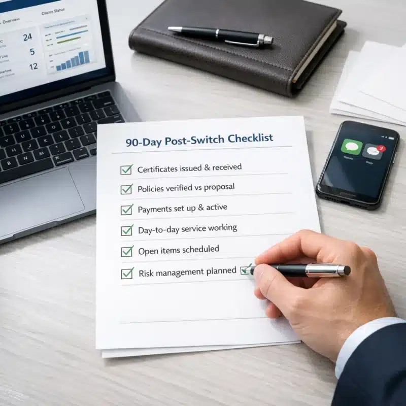 Completed checklist showing how to switch insurance brokers successfully and manage the first 90 days after transition