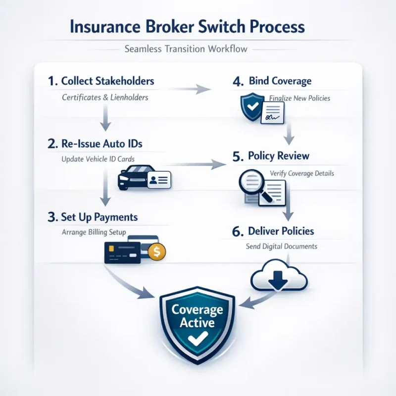 Step-by-step workflow diagram showing how to switch insurance brokers including binding coverage and policy review