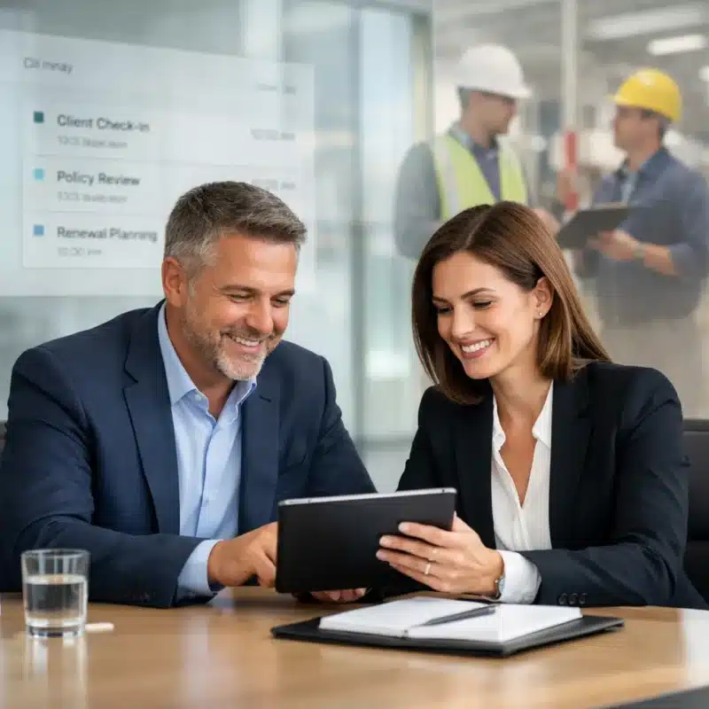 Business owner meeting new account manager demonstrating how to switch insurance brokers and establish ongoing support