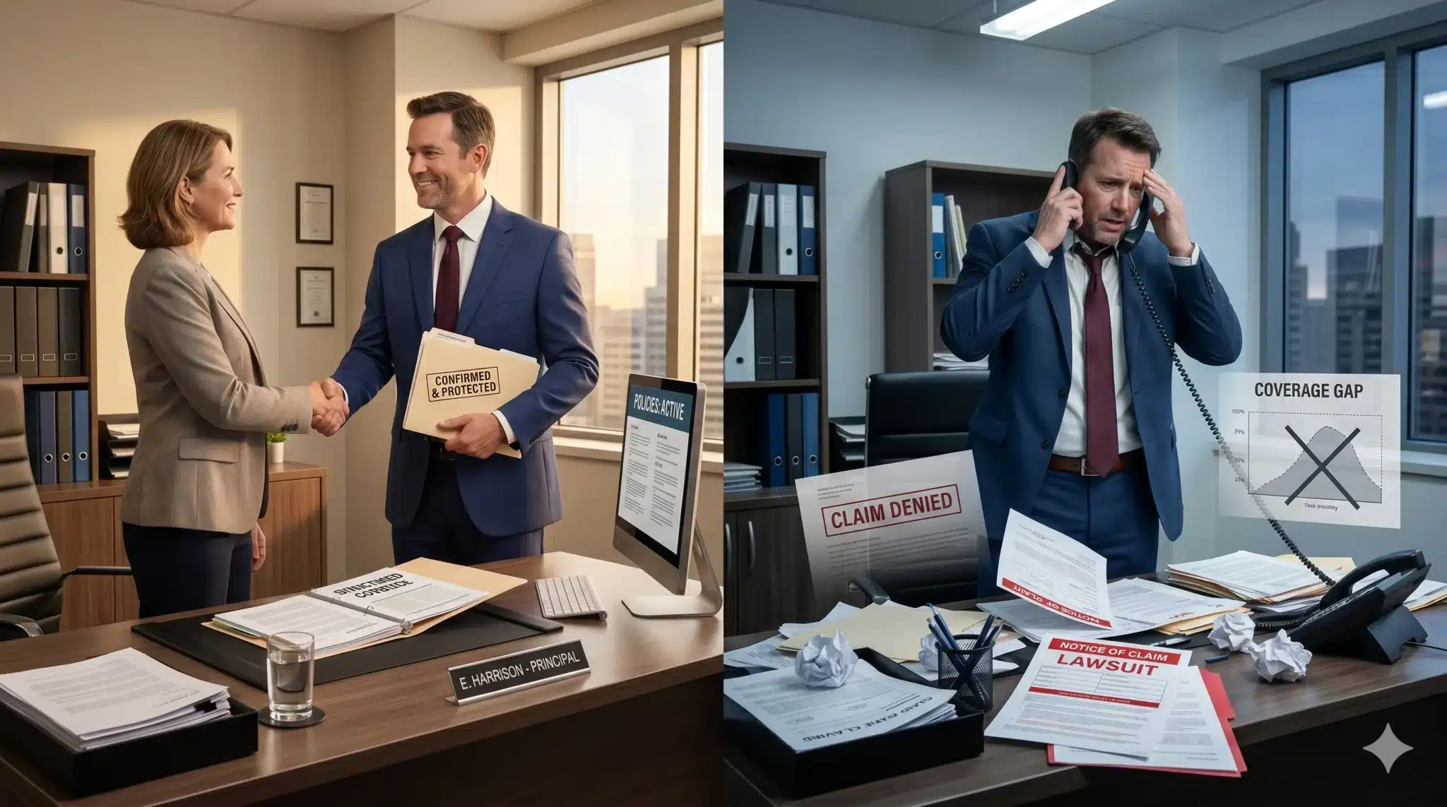 A split image shows two property managers—one confidently working with proper insurance coverage and another dealing with legal stress and paperwork due to insurance gaps—highlighting the importance of complete property management insurance. Property Management Insurance