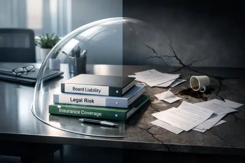 How Much D&O Insurance Does a Nonprofit Need — conceptual image showing insurance protection shielding nonprofit liability and financial risk