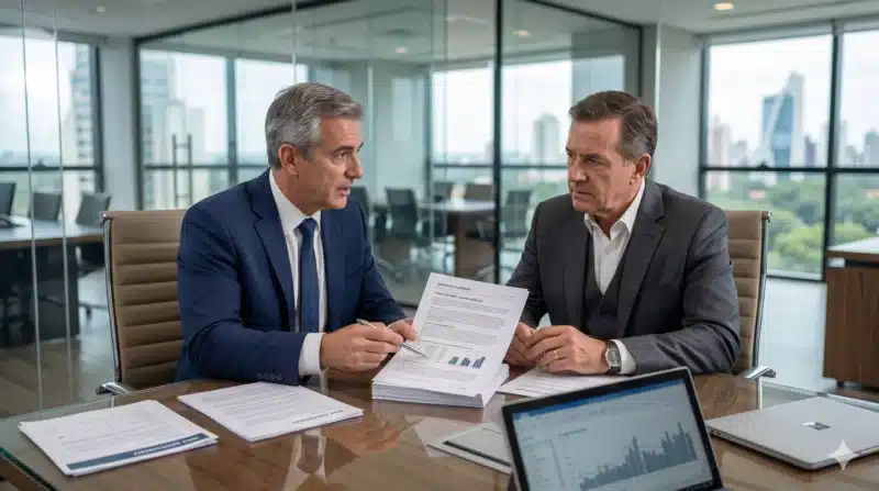 Clean business documents on a desk with subtle visual of hidden problems beneath the surface, representing gaps in insurance coverage. is my business underinsured