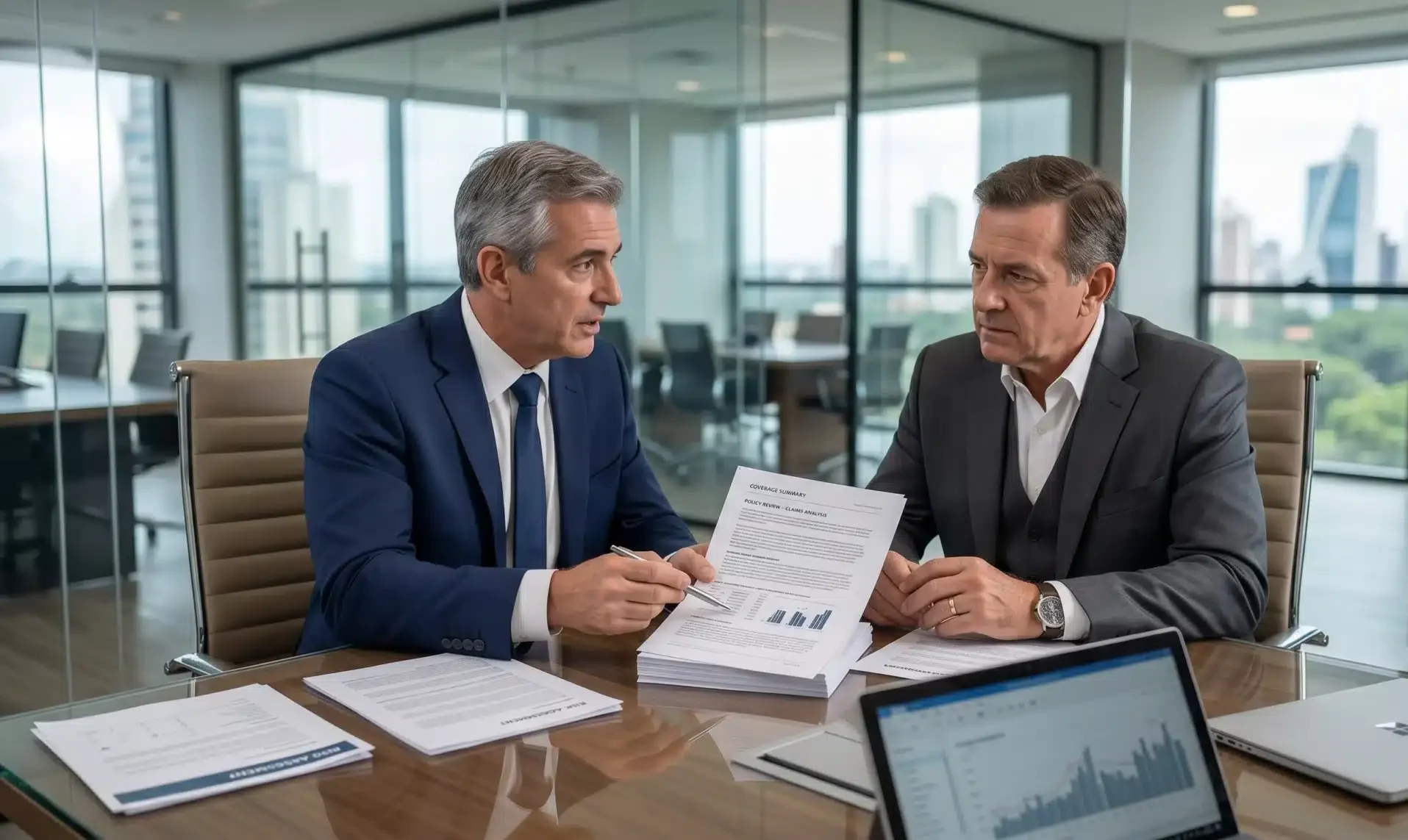 Clean business documents on a desk with subtle visual of hidden problems beneath the surface, representing gaps in insurance coverage. is my business underinsured