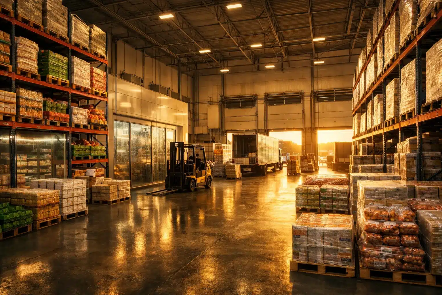 Large food distribution warehouse at sunrise with pallets of produce and delivery trucks loading shipments. Food Distributor case Study