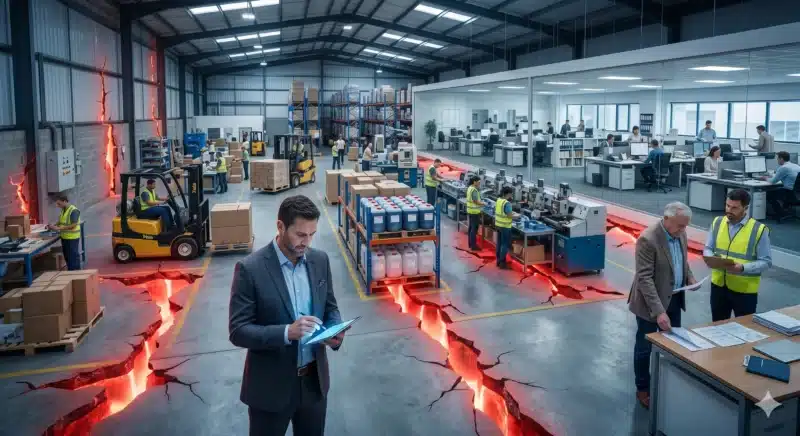 Business workspace with hidden glowing cracks representing unseen insurance risks beneath normal operations. how often should I review my business insurance