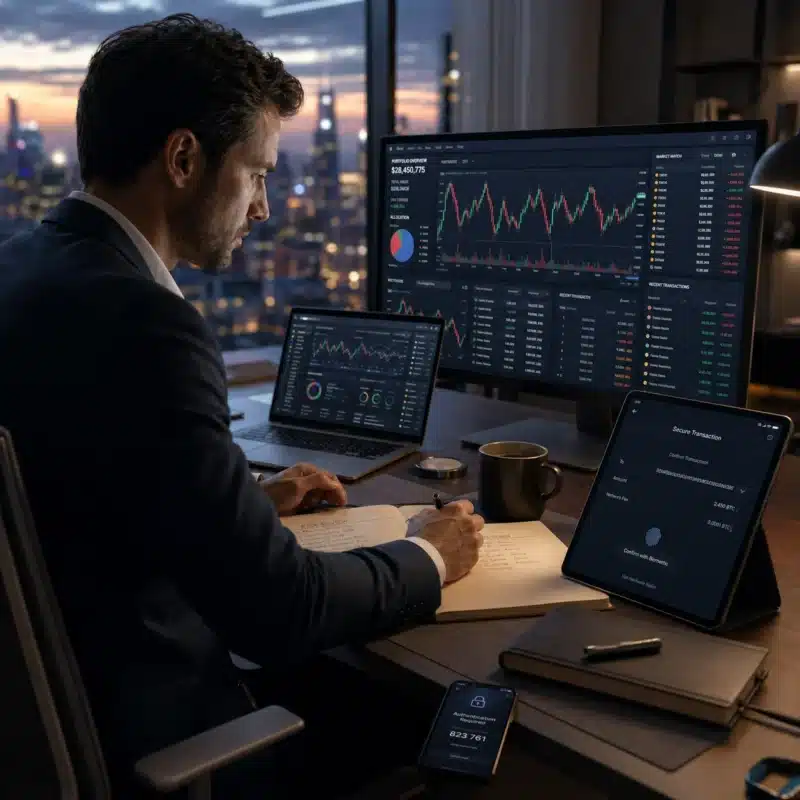 Crypto fund manager reviewing portfolio and market data at desk in modern office during a typical workday. Crypto Fund Insurance