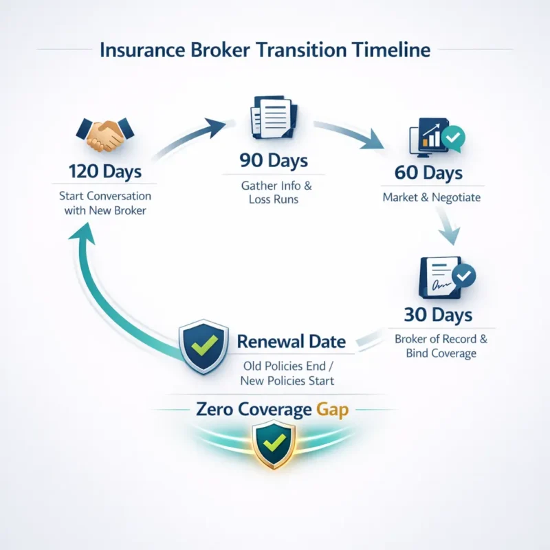 Infographic timeline explaining how to switch insurance brokers from 120 days before renewal to zero coverage gap