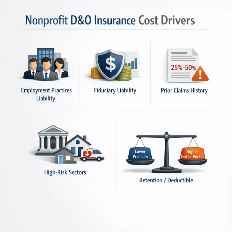 How Much D&O Insurance Does a Nonprofit Need — infographic showing EPLI, fiduciary liability, claims history, risk sectors, and retention affecting policy cost