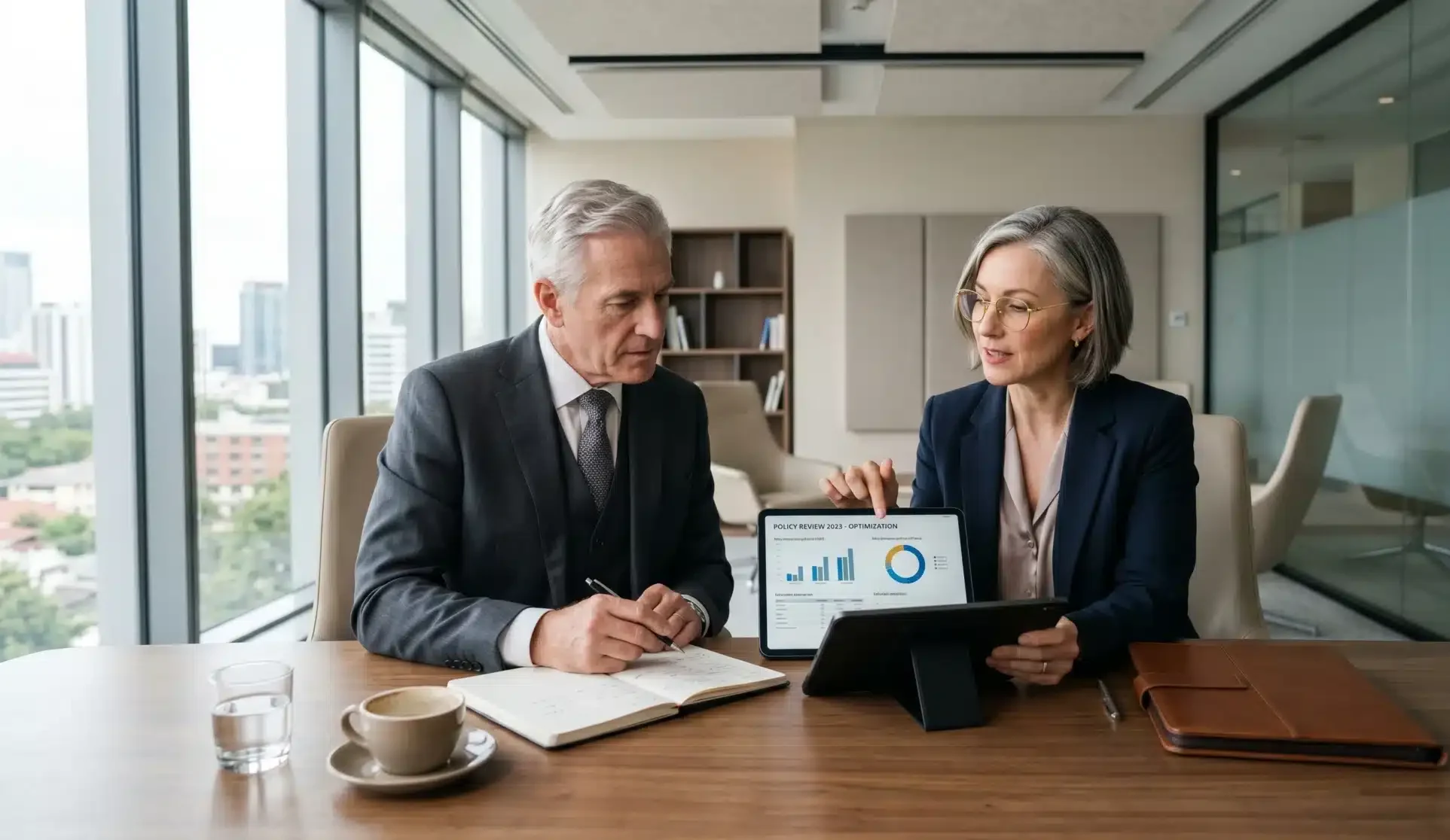 Two business professionals discussing insurance coverage and risk management in a modern conference room. how often should I review my business insurance