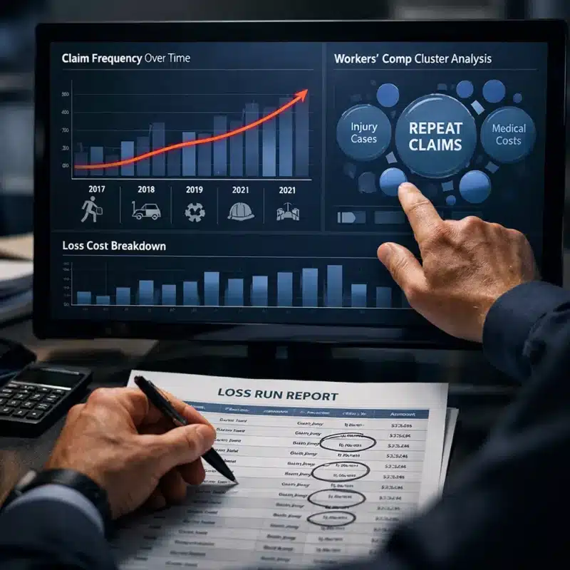 Insurance professional analyzing claims history and workers compensation patterns to reduce risk and control premium costs. what should my insurance broker review at renewal?