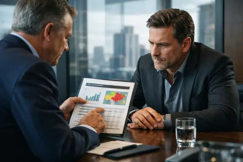 Business owner and insurance advisor reviewing complex coverage strategy during annual policy renewal meeting. what should my insurance broker review at renewal?