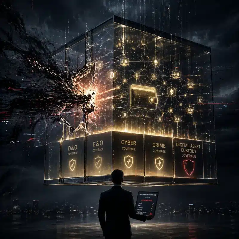 Conceptual image of a crypto fund with a gap in protection allowing cyber risk and financial loss to enter. Crypto Fund Insurance