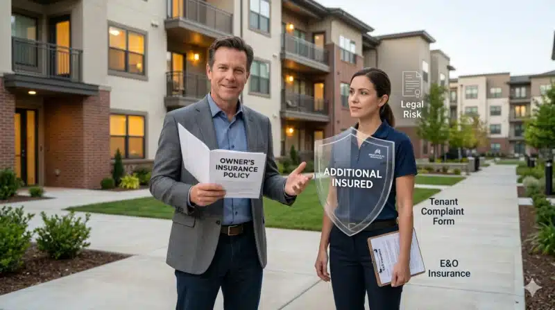 A property owner shows an insurance policy while a property manager stands partially protected by a small shield labeled additional insured, with visible gaps representing risks not covered like professional liability and internal errors. Property Management Insurance