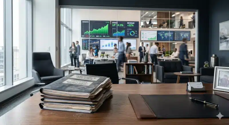 Outdated business insurance documents sitting on a desk while a growing company operates in the background, illustrating neglected policy review. how often should I review my business insurance
