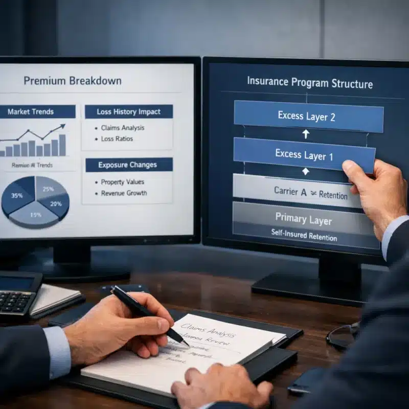 Insurance advisor analyzing premium cost drivers and optimizing coverage structure without reducing protection. what should my insurance broker review at renewal?