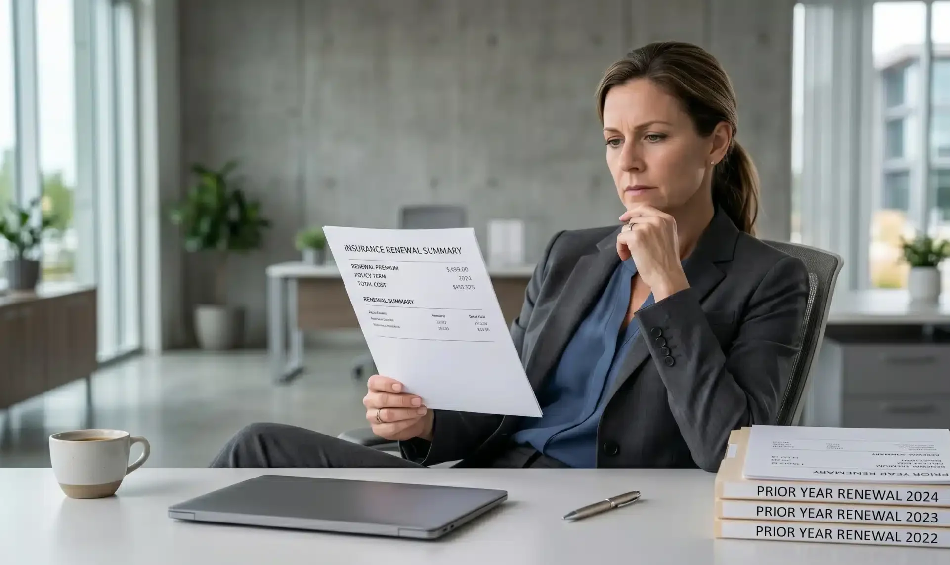 Executive reviewing simple insurance renewal summary with repetitive documents, illustrating lack of market review and analysis. is my business underinsured