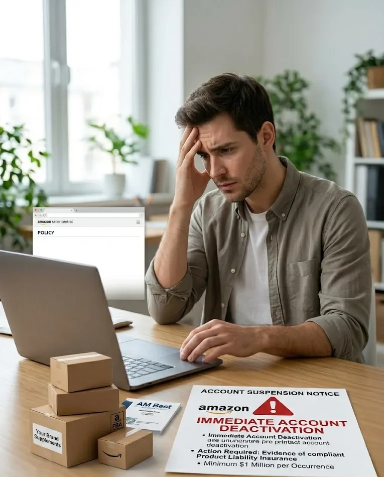 A stressed male e-commerce seller looking at a computer screen next to an Amazon account suspension notice requiring immediate proof of a compliant million-dollar private label supplement insurance policy.
