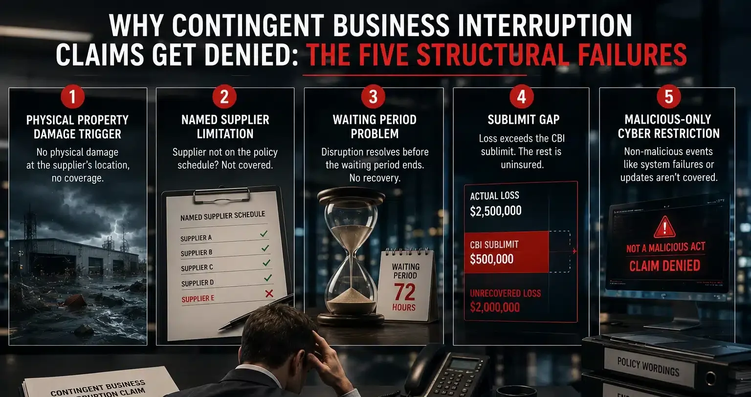An infographic showing a frustrated risk manager and five structural reasons why claims for Contingent Business Interruption Insurance are often denied.