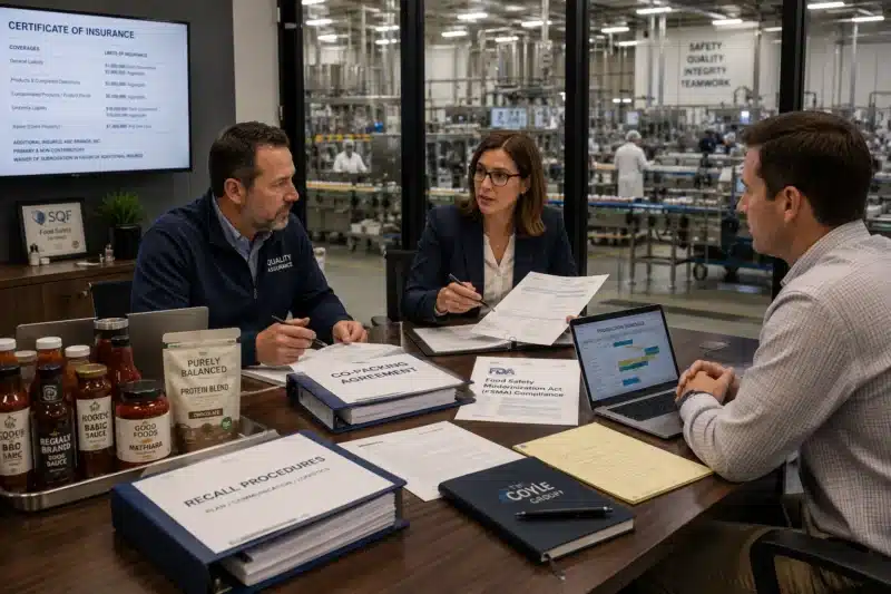 Contract manufacturing executives reviewing co-packing agreements, insurance documents, and recall procedures during a client meeting inside a modern production facility.