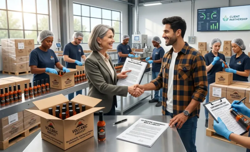 A photorealistic photo of a professional co-packing partnership. A manufacturing CEO (Martha) shakes hands with a hot sauce brand founder (David) on a bustling production floor for "Volcanic Harvest" sauce. Contract Manufacturer Insurance