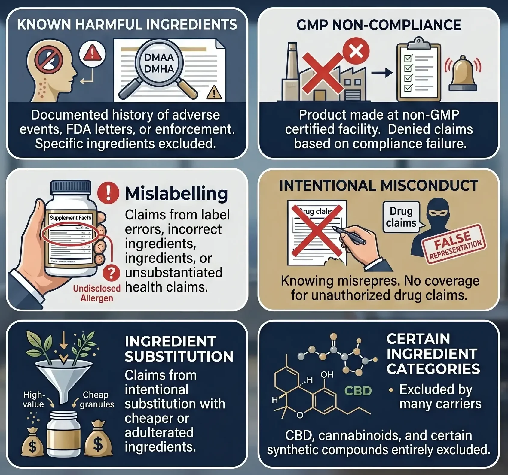 An informational chart detailing common policy exclusions, specifically organized into sections on Formula and Compliance, including Known Harmful Ingredients, GMP Non-Compliance, Mislabeling, Intentional Misconduct, Ingredient Substitution, and Certain Ingredient Categories (e.g., CBD).