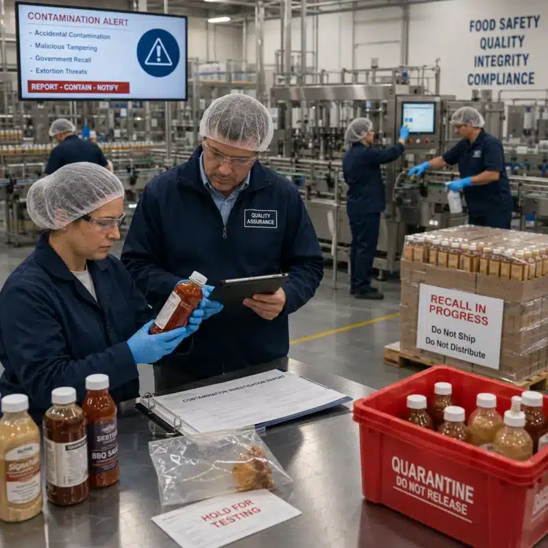 Quality assurance team inspecting potentially contaminated products inside a modern food co-packing facility during a recall response process.