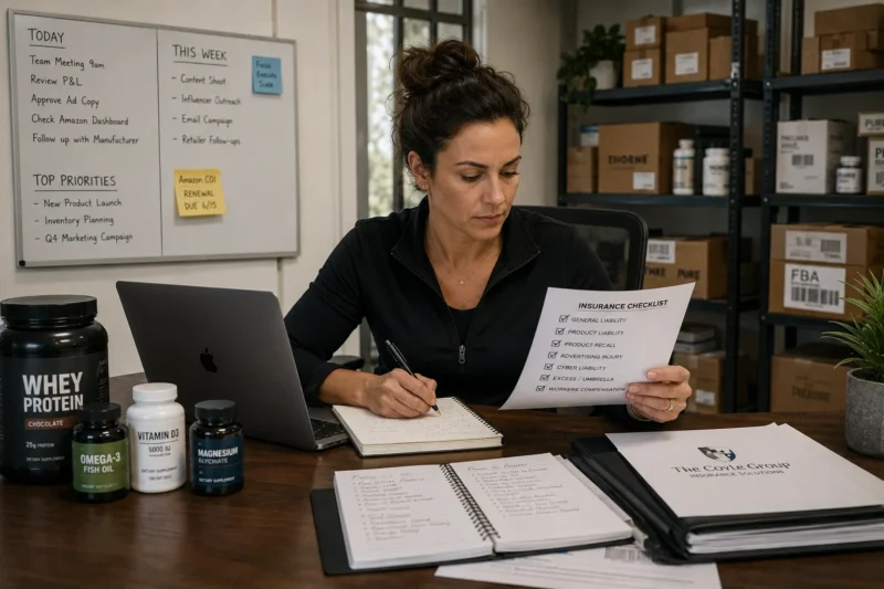 A female entrepreneur in a warehouse office reviewing a product liability and recall checklist to verify her private label supplement insurance coverage matches Amazon's strict policy requirements.