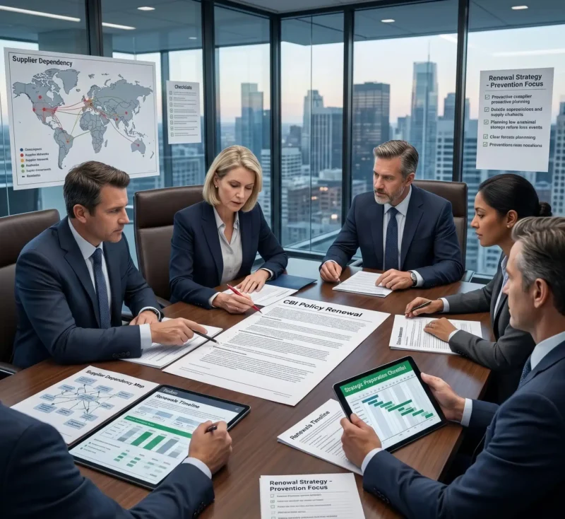 A group of serious business executives and risk advisors gather around a conference table in a modern boardroom with a city skyline background, reviewing a 'CBI Policy Renewal' document, supplier network maps, and risk mitigation dashboards on tablets. This ultra-photorealistic image captures a proactive insurance risk management meeting aimed at prevention before a supply chain disruption.