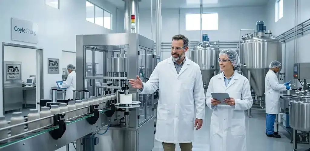 A facility walkthrough image showing an owner and supervisor on a modern supplement manufacturing floor with automated bottling lines, large mixing vats, and other technical staff. Signs are visible for 'CoyleGroup' and 'FDA Registered Facility
