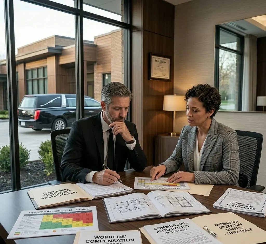 Funeral Home Insurance consultation between a funeral home owner and a specialized commercial insurance broker reviewing liability coverage and risk management plans