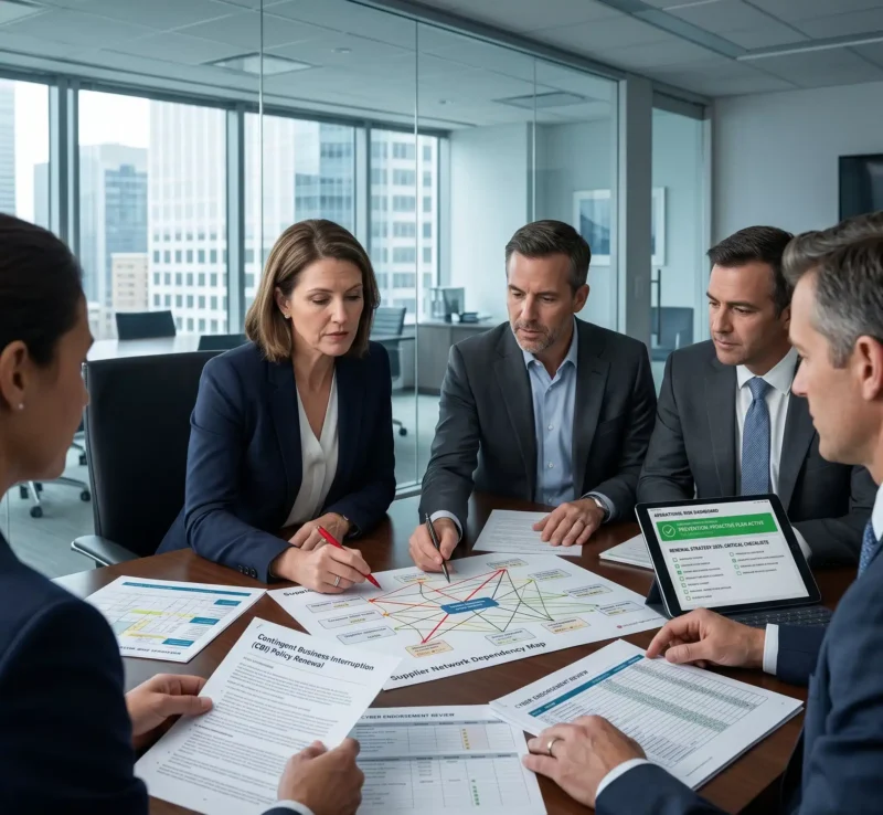 Corporate leaders collaborating on a supplier dependency map during a proactive renewal meeting for Contingent Business Interruption Insurance.