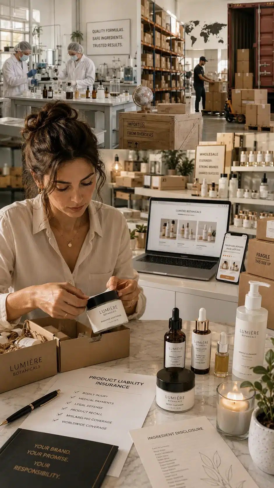 Indie skincare founder packaging cosmetic products while managing ecommerce, manufacturing, and product liability risk.
Cosmetic Product Liability Insurance